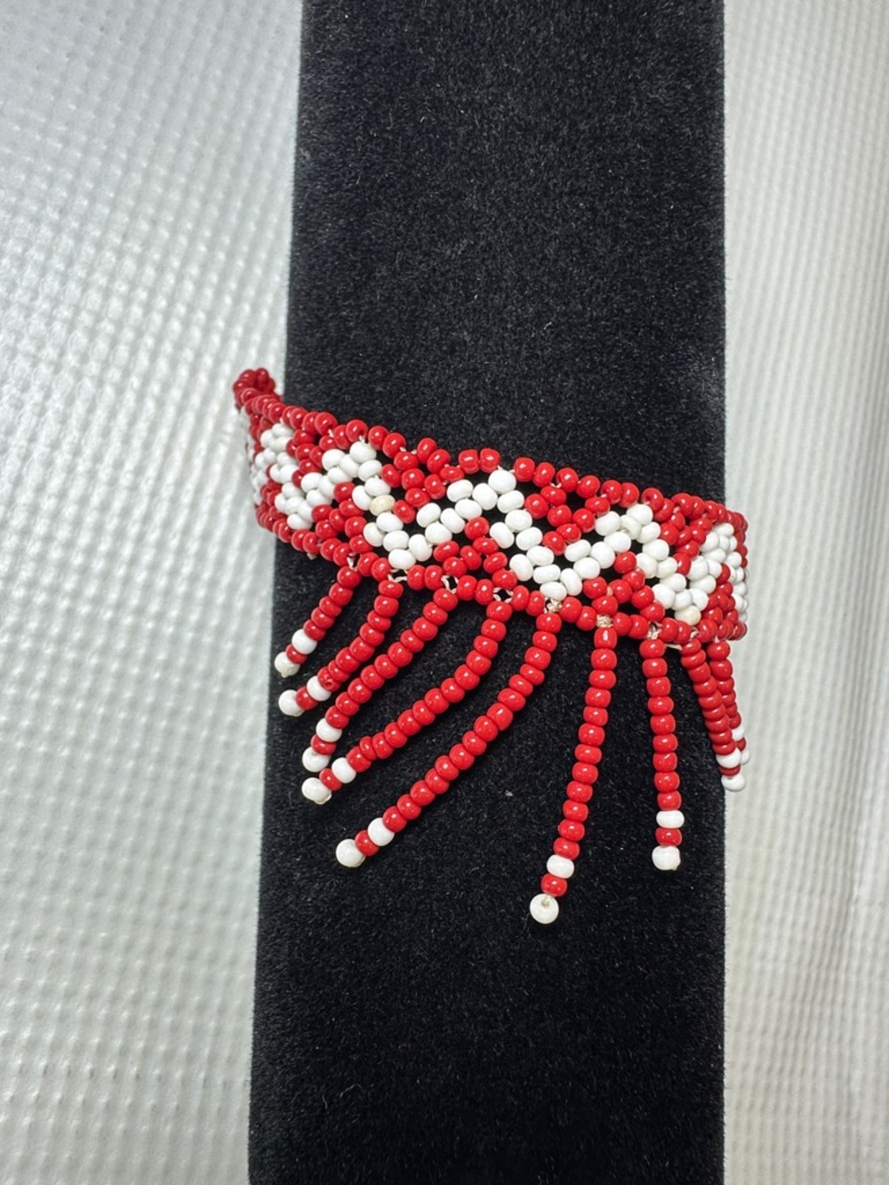 Handcrafted Red and White Beaded Fringe bracelet